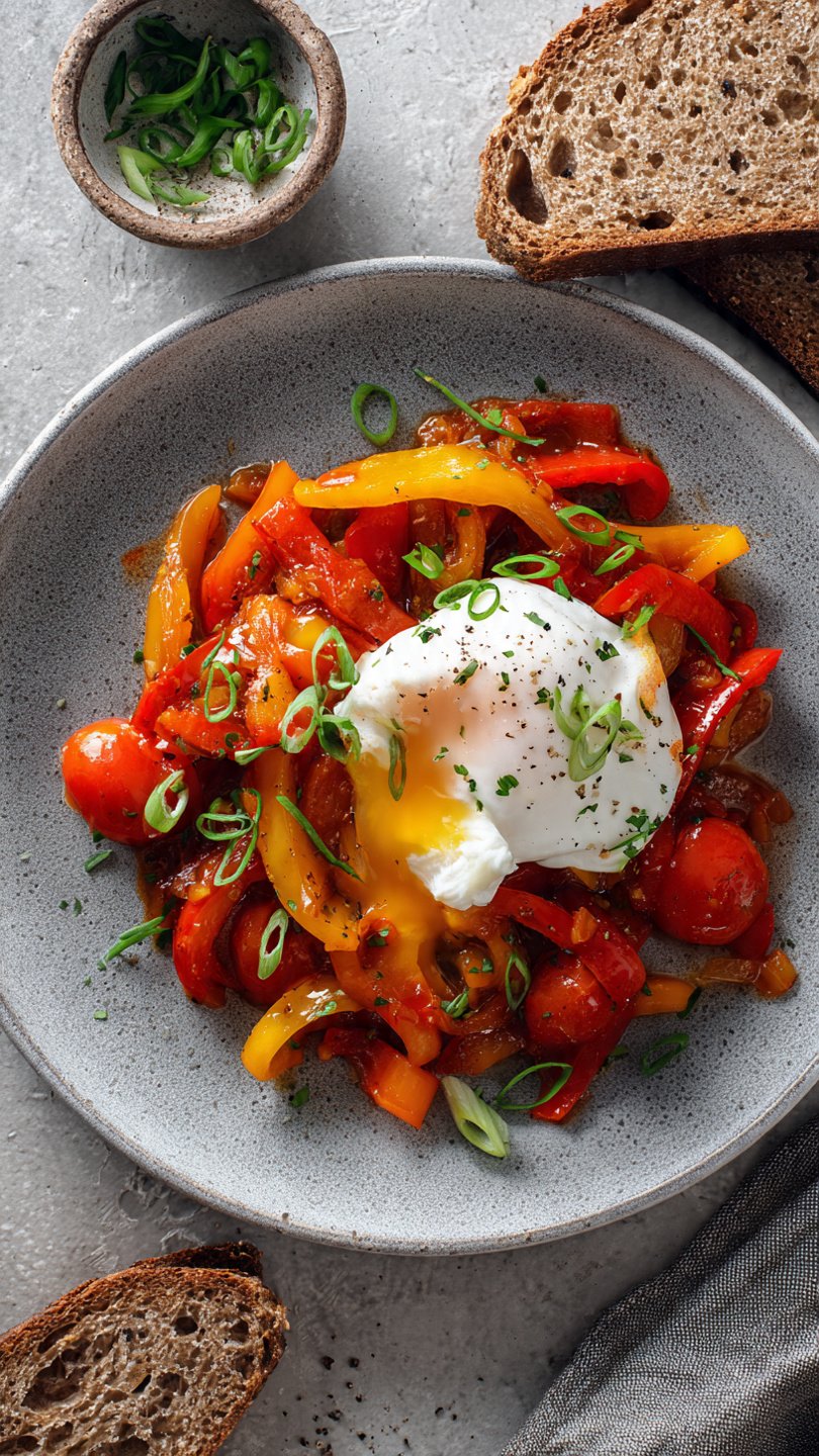 High-Protein Sardinian Peperonata with Poached Eggs for Longevity (28g Protein)