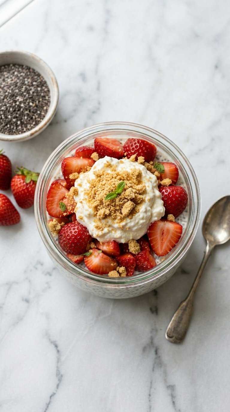 High-Protein Cottage Cheese Strawberry Cheesecake Chia Seed Pudding