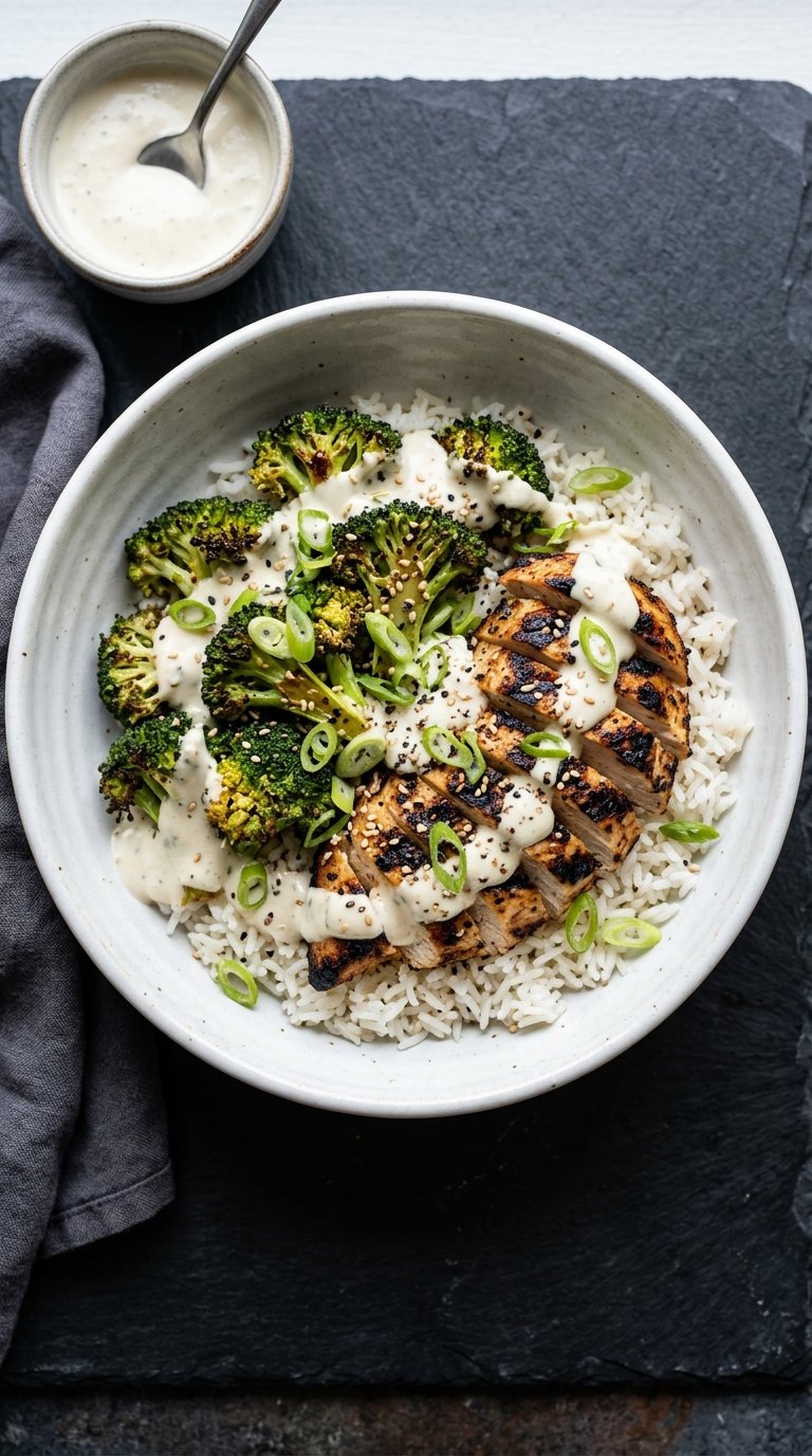 High Protein Grilled Chicken and Broccoli Bowls with Creamy Garlic Sauce